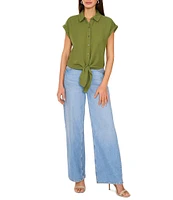 Vince Camuto Woven Collared Short Sleeve Tie Front Blouse