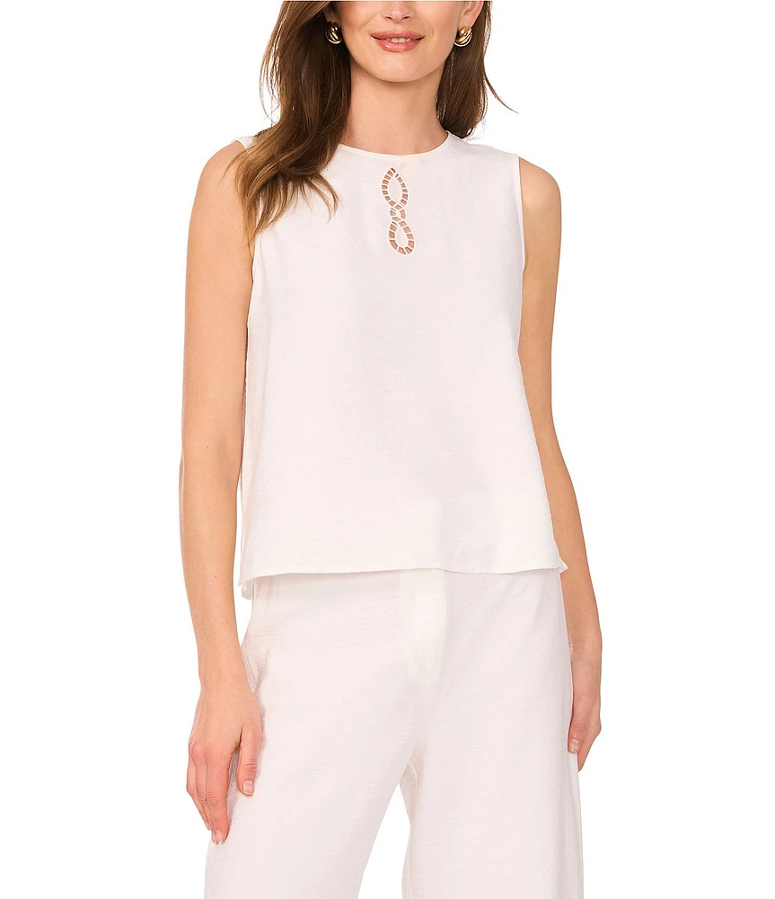 Vince Camuto Woven Crew Neck Sleeveless Coordinating Embroidered Cutout Tank