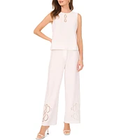 Vince Camuto Woven Crew Neck Sleeveless Coordinating Embroidered Cutout Tank