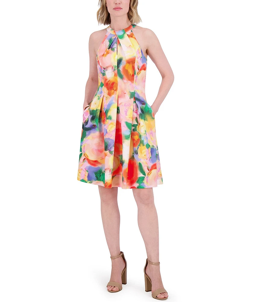 Vince Camuto Woven Floral Print Halter Neck Sleeveless Fit and Flare Dress