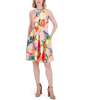 Vince Camuto Woven Floral Print Halter Neck Sleeveless Fit and Flare Dress