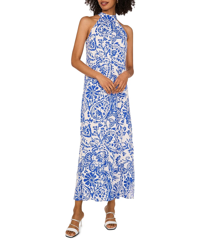Vince Camuto Woven Floral Print Halter Neck Sleeveless Side Slit Shift Maxi Dress