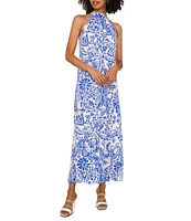 Vince Camuto Woven Floral Print Halter Neck Sleeveless Side Slit Shift Maxi Dress