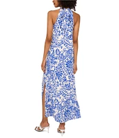 Vince Camuto Woven Floral Print Halter Neck Sleeveless Side Slit Shift Maxi Dress