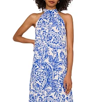 Vince Camuto Woven Floral Print Halter Neck Sleeveless Side Slit Shift Maxi Dress