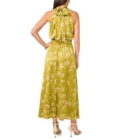 Vince Camuto Woven Abstract Floral Print Halter Sleeveless Smocked Waist Blouson Maxi Dress