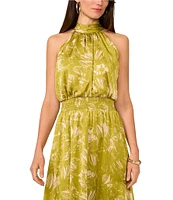 Vince Camuto Woven Abstract Floral Print Halter Sleeveless Smocked Waist Blouson Maxi Dress