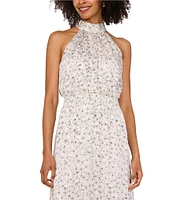 Vince Camuto Woven Floral Print Halter Sleeveless Smocked Waist Blouson Maxi Dress