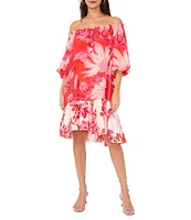 Vince Camuto Woven Floral Print Off-The-Shoulder 3/4 Sleeve Beaded Tiered Shift Dress