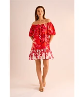 Vince Camuto Woven Floral Print Off-The-Shoulder 3/4 Sleeve Beaded Tiered Shift Dress