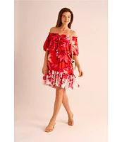 Vince Camuto Woven Floral Print Off-The-Shoulder 3/4 Sleeve Beaded Tiered Shift Dress