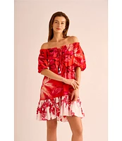 Vince Camuto Woven Floral Print Off-The-Shoulder 3/4 Sleeve Beaded Tiered Shift Dress