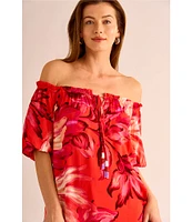 Vince Camuto Woven Floral Print Off-The-Shoulder 3/4 Sleeve Beaded Tiered Shift Dress