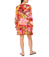 Vince Camuto Woven Floral Print Split Round Neck Long Sleeve Shift Dress