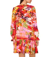 Vince Camuto Woven Floral Print Split Round Neck Long Sleeve Shift Dress