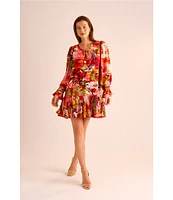 Vince Camuto Woven Floral Print Split Round Neck Long Sleeve Shift Dress