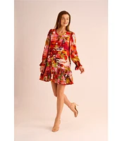 Vince Camuto Woven Floral Print Split Round Neck Long Sleeve Shift Dress