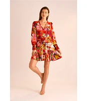 Vince Camuto Woven Floral Print Split Round Neck Long Sleeve Shift Dress