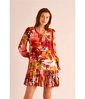 Vince Camuto Woven Floral Print Split Round Neck Long Sleeve Shift Dress