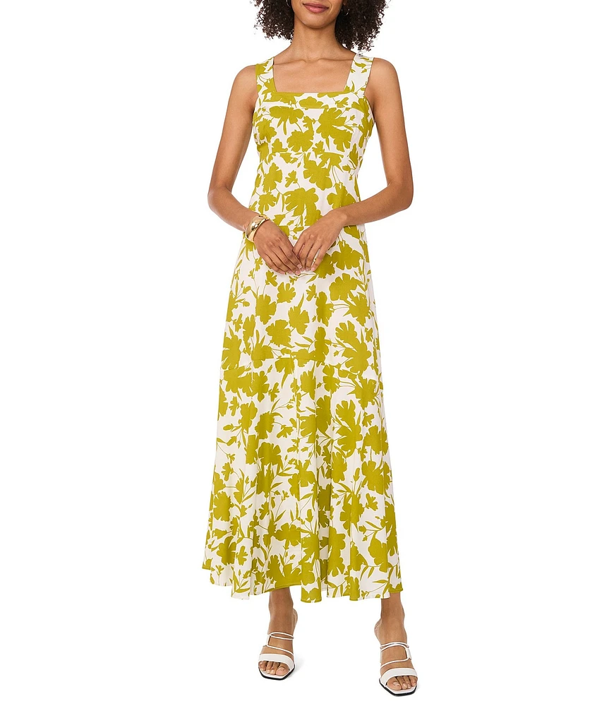 Vince Camuto Woven Floral Print Square Neck Sleeveless Shift Maxi Dress