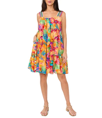 Vince Camuto Woven Floral Print Square Neck Sleeveless Tiered Shift Dress