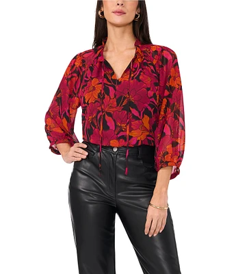 Vince Camuto Woven Floral Print V-Neck 3/4 Raglan Sleeve Blouse