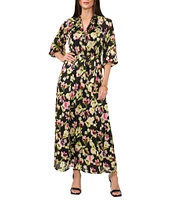 Vince Camuto Woven Floral Print V-Neck 3/4 Sleeve Belted Maxi Dress