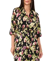 Vince Camuto Woven Floral Print V-Neck 3/4 Sleeve Belted Maxi Dress