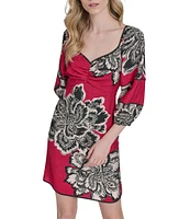 Vince Camuto Woven Floral Print V-Neck 3/4 Sleeve Sheath Dress