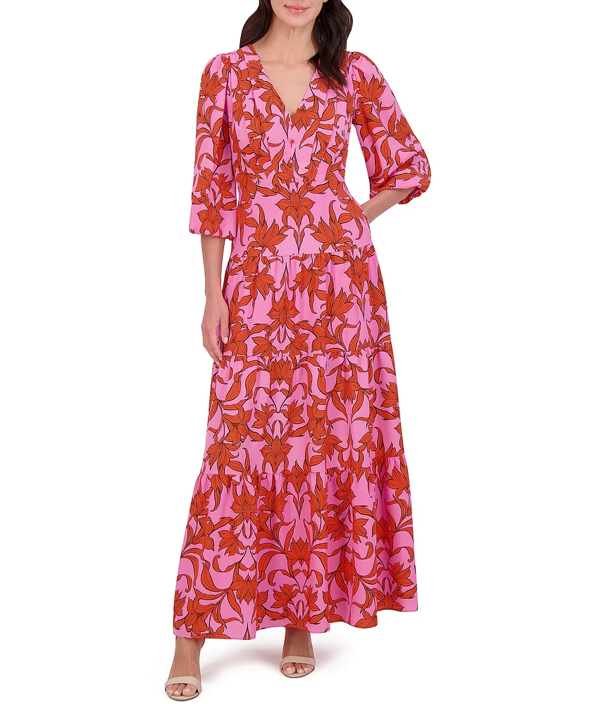 Vince Camuto Woven Floral Print V-Neck 3/4 Sleeve Tiered Maxi Dress