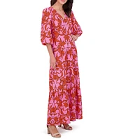 Vince Camuto Woven Floral Print V-Neck 3/4 Sleeve Tiered Maxi Dress