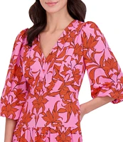 Vince Camuto Woven Floral Print V-Neck 3/4 Sleeve Tiered Maxi Dress