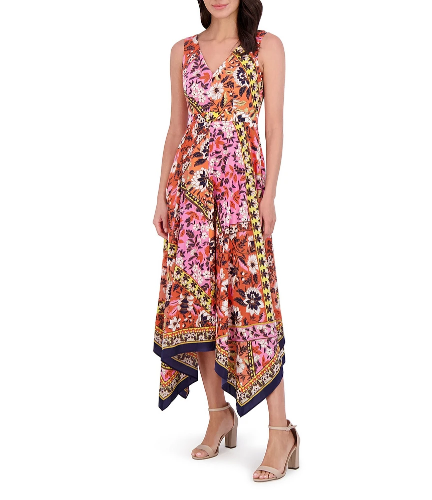 Vince Camuto Woven Floral Print V-Neck Sleeveless Asymmetrical Hi-Low Midi Dress