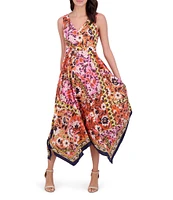 Vince Camuto Woven Floral Print V-Neck Sleeveless Asymmetrical Hi-Low Midi Dress