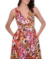 Vince Camuto Woven Floral Print V-Neck Sleeveless Asymmetrical Hi-Low Midi Dress
