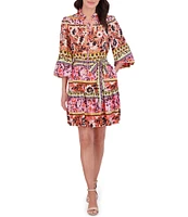 Vince Camuto Woven Floral Print V-Neck Tie Long Sleeve Belted Tiered A-Line Dress
