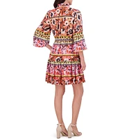 Vince Camuto Woven Floral Print V-Neck Tie Long Sleeve Belted Tiered A-Line Dress