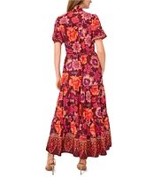 Vince Camuto Woven Floral V-Neck Short Puff Sleeve Button Front Tiered Maxi Dress