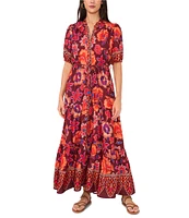 Vince Camuto Woven Floral V-Neck Short Puff Sleeve Button Front Tiered Maxi Dress