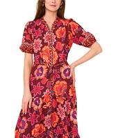 Vince Camuto Woven Floral V-Neck Short Puff Sleeve Button Front Tiered Maxi Dress