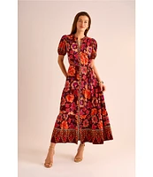 Vince Camuto Woven Floral V-Neck Short Puff Sleeve Button Front Tiered Maxi Dress
