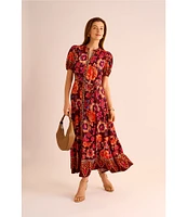 Vince Camuto Woven Floral V-Neck Short Puff Sleeve Button Front Tiered Maxi Dress