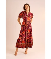 Vince Camuto Woven Floral V-Neck Short Puff Sleeve Button Front Tiered Maxi Dress