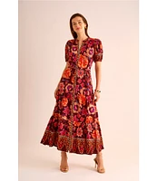 Vince Camuto Woven Floral V-Neck Short Puff Sleeve Button Front Tiered Maxi Dress