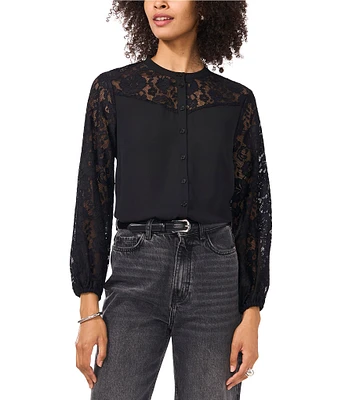 Vince Camuto Woven Lace Round Neck Long Sleeve Button Front Blouse