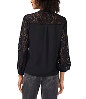 Vince Camuto Woven Lace Round Neck Long Sleeve Button Front Blouse