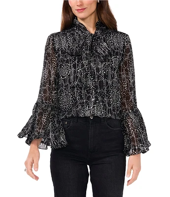 Vince Camuto Woven Mock Neck Long Flounce Sleeve Tie Front Blouse