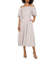 Vince Camuto Woven Off-Shoulder Puff Short Sleeve A Line Midi Dress