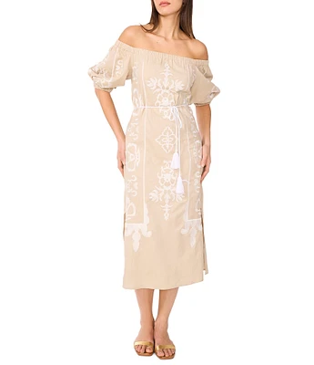 Vince Camuto Woven Off-the-Shoulder 3/4 Sleeve Embroidered Midi Shift Dress