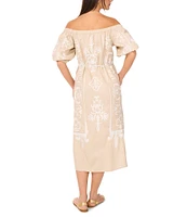 Vince Camuto Woven Off-the-Shoulder 3/4 Sleeve Embroidered Midi Shift Dress